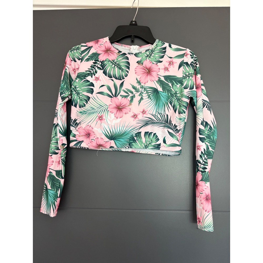Tropical Floral Long Sleeve Rash Guard Crop Swim Top Pink Green Hibiscus L